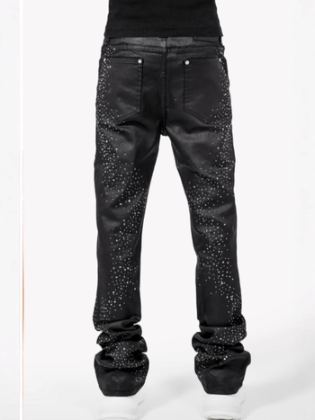 Blugi cu croială Slim Straight și detalii cu diamante stelare, talie medie, fermoar, micro-elastic, 98% bumbac