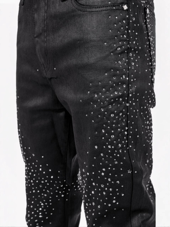 Blugi cu croială Slim Straight și detalii cu diamante stelare, talie medie, fermoar, micro-elastic, 98% bumbac