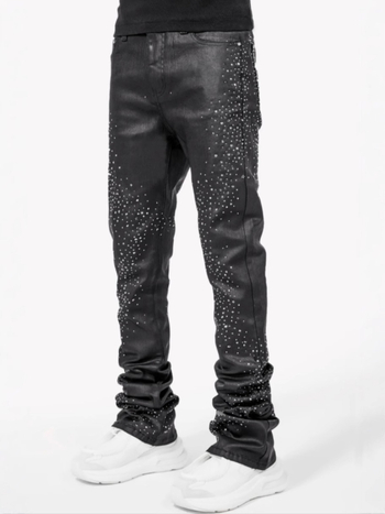 Blugi cu croială Slim Straight și detalii cu diamante stelare, talie medie, fermoar, micro-elastic, 98% bumbac