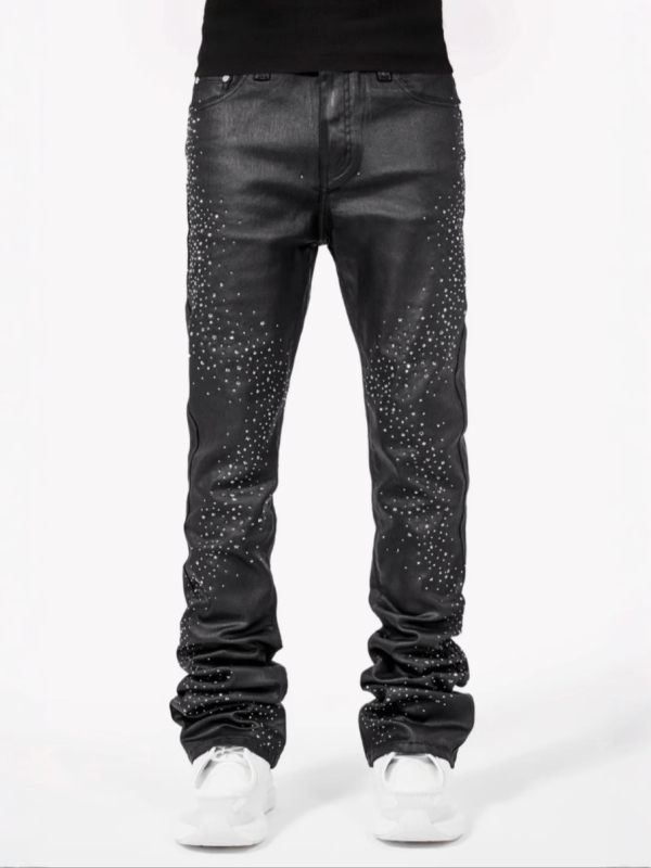 Blugi cu croială Slim Straight și detalii cu diamante stelare, talie medie, fermoar, micro-elastic, 98% bumbac