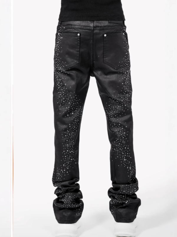 Blugi cu croială Slim Straight și detalii cu diamante stelare, talie medie, fermoar, micro-elastic, 98% bumbac