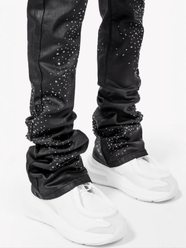 Blugi cu croială Slim Straight și detalii cu diamante stelare, talie medie, fermoar, micro-elastic, 98% bumbac