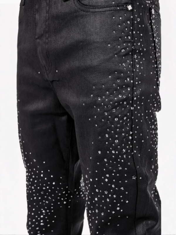 Blugi cu croială Slim Straight și detalii cu diamante stelare, talie medie, fermoar, micro-elastic, 98% bumbac