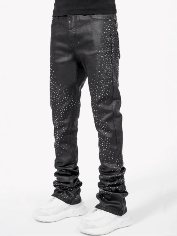 Blugi cu croială Slim Straight și detalii cu diamante stelare, talie medie, fermoar, micro-elastic, 98% bumbac