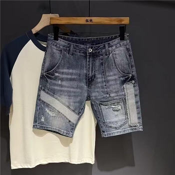 Șorturi denim pentru bărbați, croială slim, talie înaltă, închidere cu nasturi, din bumbac, purtare zilnică