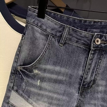 Șorturi denim pentru bărbați, croială slim, talie înaltă, închidere cu nasturi, din bumbac, purtare zilnică