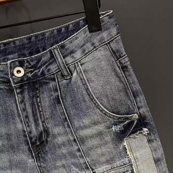 Șorturi denim pentru bărbați, croială slim, talie înaltă, închidere cu nasturi, din bumbac, purtare zilnică