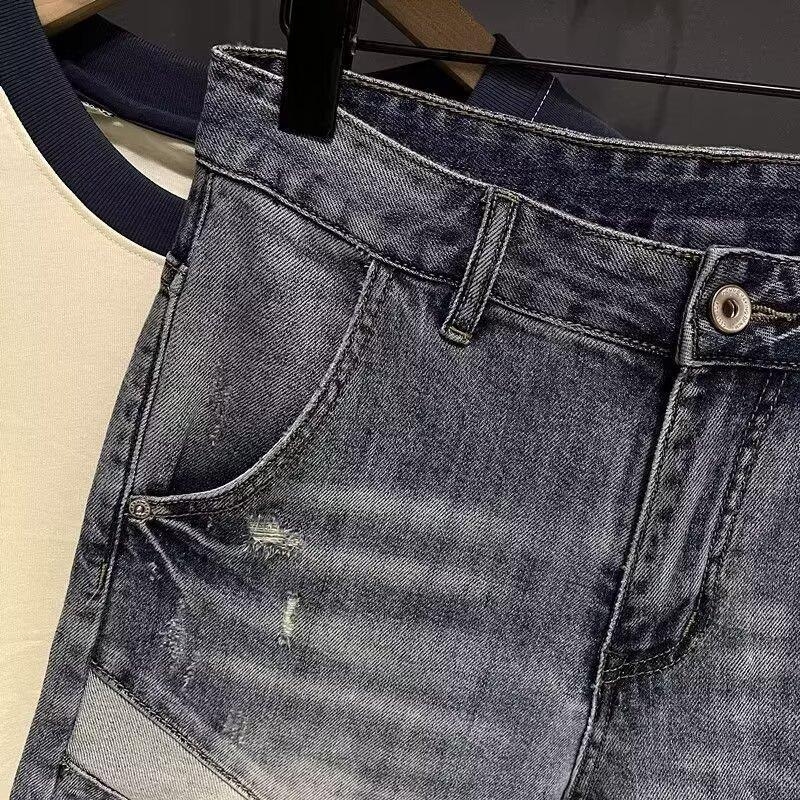 Șorturi denim pentru bărbați, croială slim, talie înaltă, închidere cu nasturi, din bumbac, purtare zilnică