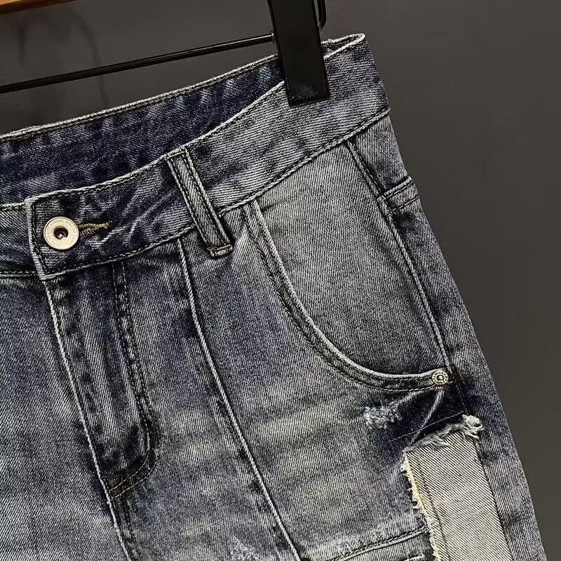 Șorturi denim pentru bărbați, croială slim, talie înaltă, închidere cu nasturi, din bumbac, purtare zilnică