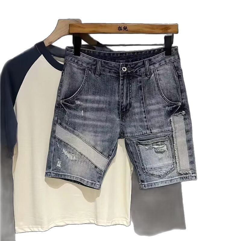 Șorturi denim pentru bărbați, croială slim, talie înaltă, închidere cu nasturi, din bumbac, purtare zilnică