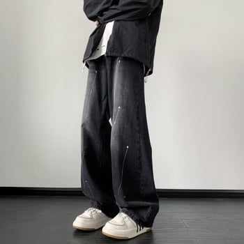 Blugi bărbați cu spălare vintage, croială wide-leg și drept, talie medie, material bumbac-amestec, croială lejeră pentru purtare zilnică