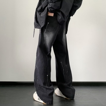 Blugi bărbați cu spălare vintage, croială wide-leg și drept, talie medie, material bumbac-amestec, croială lejeră pentru purtare zilnică