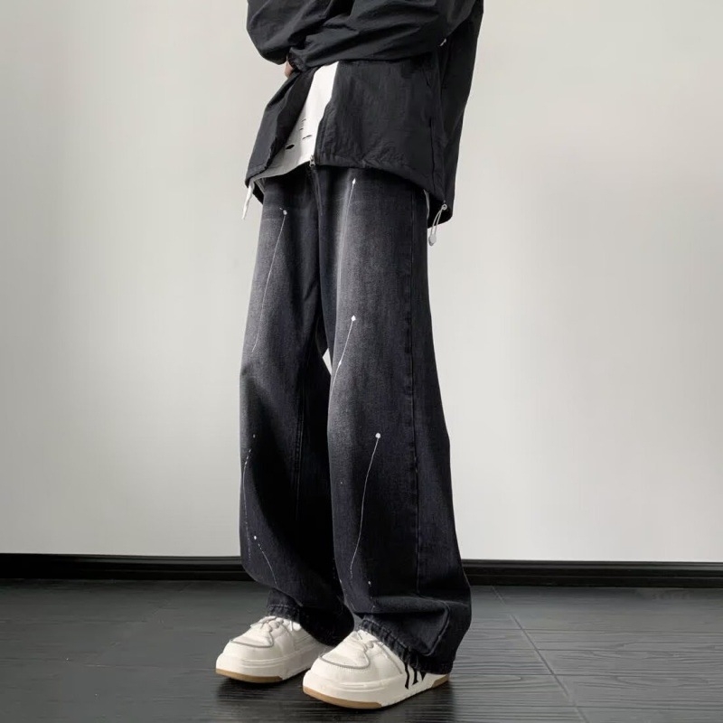 Blugi bărbați cu spălare vintage, croială wide-leg și drept, talie medie, material bumbac-amestec, croială lejeră pentru purtare zilnică