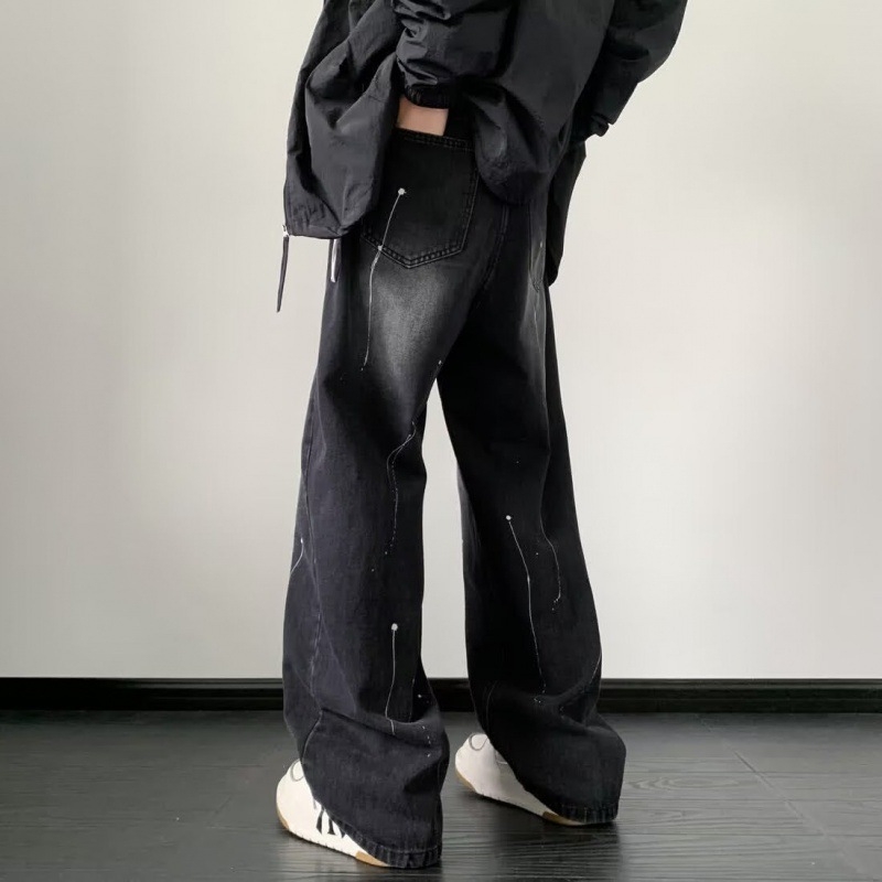 Blugi bărbați cu spălare vintage, croială wide-leg și drept, talie medie, material bumbac-amestec, croială lejeră pentru purtare zilnică