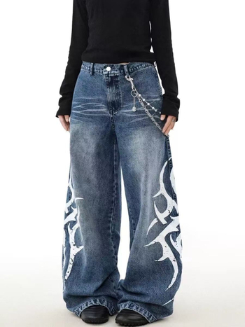 Blugi bărbați cu croială dreaptă, croială lejeră, lungime integrală, din denim din bumbac, broderie și detalii jacquard