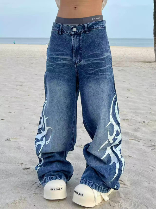 Blugi bărbați cu croială dreaptă, croială lejeră, lungime integrală, din denim din bumbac, broderie și detalii jacquard