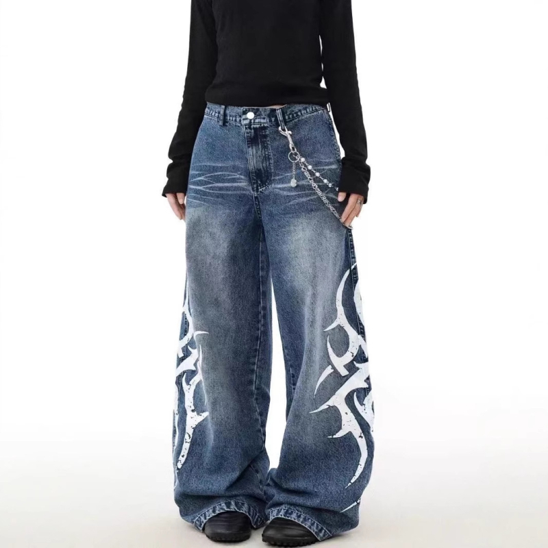 Blugi bărbați cu croială dreaptă, croială lejeră, lungime integrală, din denim din bumbac, broderie și detalii jacquard