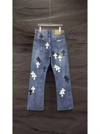 Američki stil, traperice s ravnim krojem, plave boje, vintage pranjem i detaljem križa