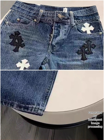 Američki stil, traperice s ravnim krojem, plave boje, vintage pranjem i detaljem križa