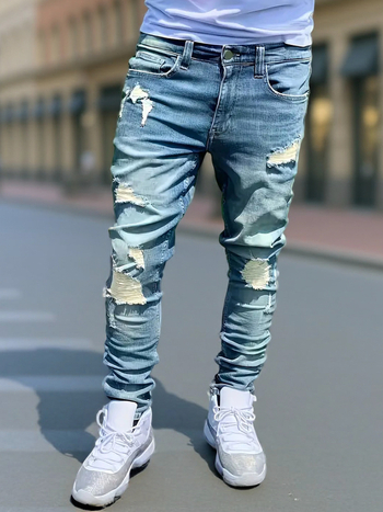 Muške Slim-Fit traperice s poderotinama, srednji porast, zatvarač, elastični denim za sve sezone