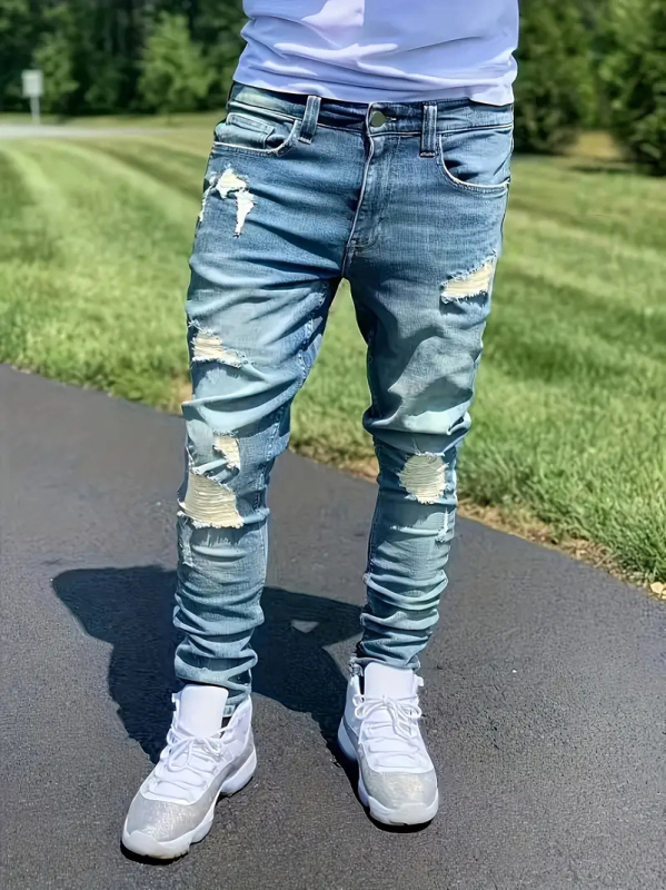 Muške Slim-Fit traperice s poderotinama, srednji porast, zatvarač, elastični denim za sve sezone