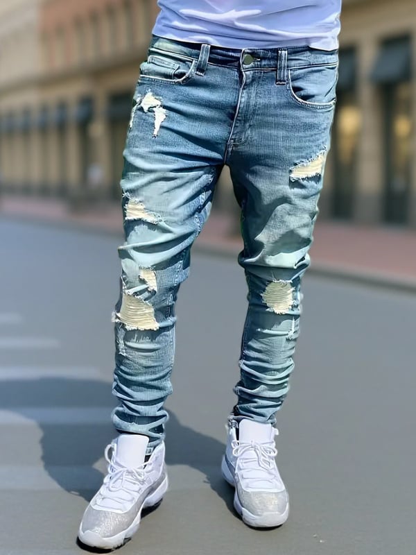 Muške Slim-Fit traperice s poderotinama, srednji porast, zatvarač, elastični denim za sve sezone