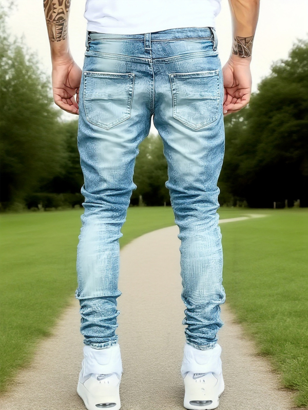 Muške Slim-Fit traperice s poderotinama, srednji porast, zatvarač, elastični denim za sve sezone