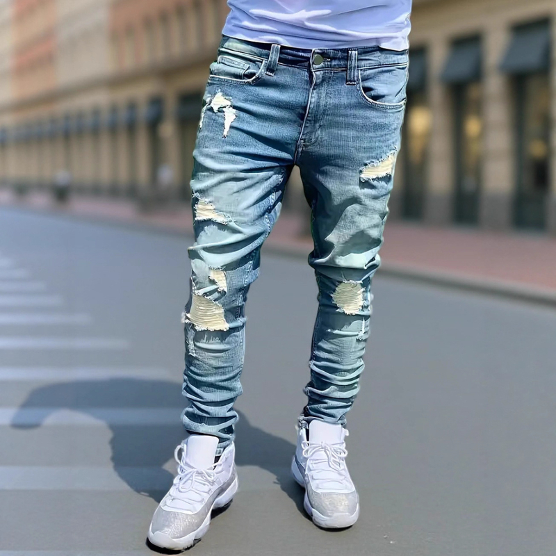Muške Slim-Fit traperice s poderotinama, srednji porast, zatvarač, elastični denim za sve sezone