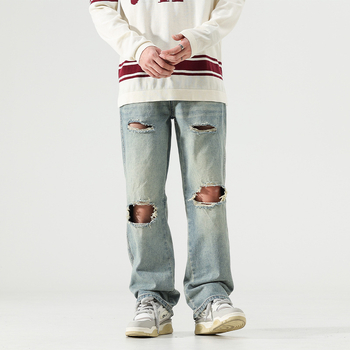 Jean bărbătești din denim - rupți, spălați, croială largă, talie medie, 90,2% bumbac