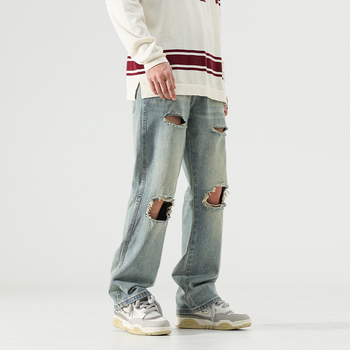 Jean bărbătești din denim - rupți, spălați, croială largă, talie medie, 90,2% bumbac