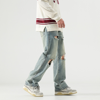 Jean bărbătești din denim - rupți, spălați, croială largă, talie medie, 90,2% bumbac