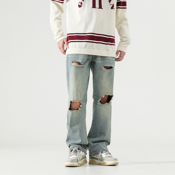 Jean bărbătești din denim - rupți, spălați, croială largă, talie medie, 90,2% bumbac