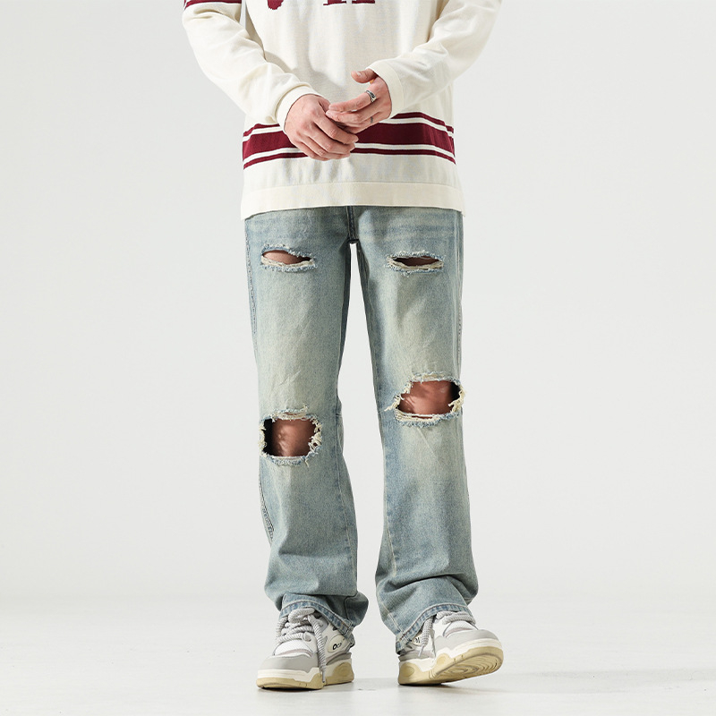 Jean bărbătești din denim - rupți, spălați, croială largă, talie medie, 90,2% bumbac