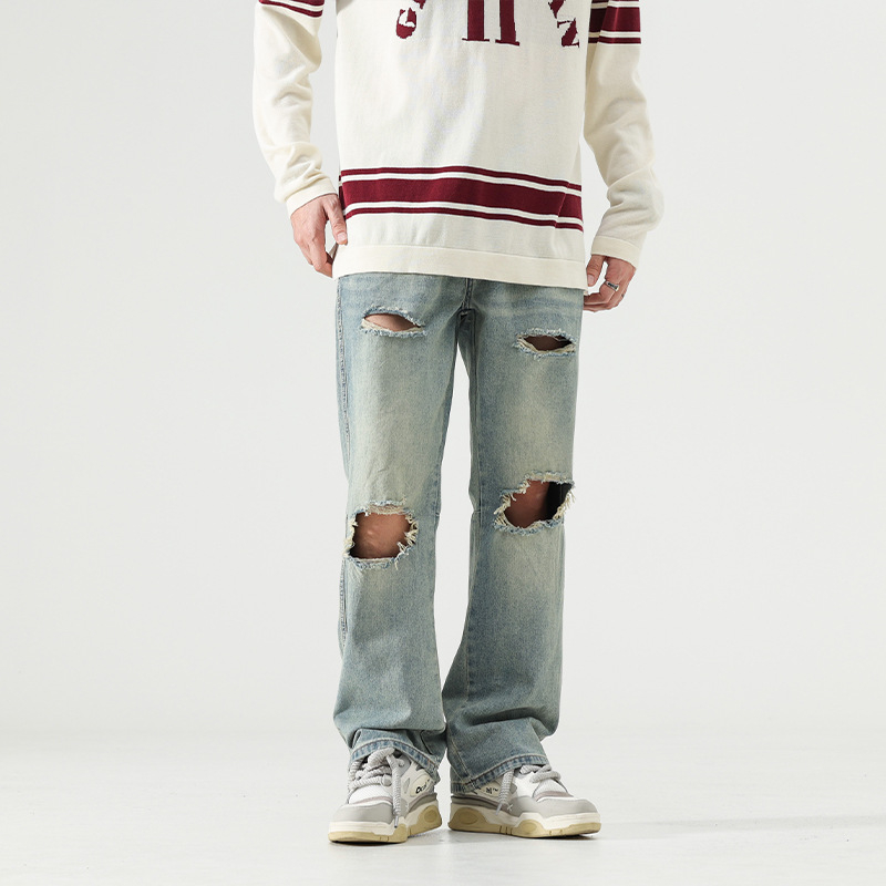 Jean bărbătești din denim - rupți, spălați, croială largă, talie medie, 90,2% bumbac