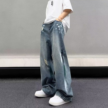 Jeansi bărbați, stil stradal, croială dreaptă, siluetă lejeră, talie medie, fermoar