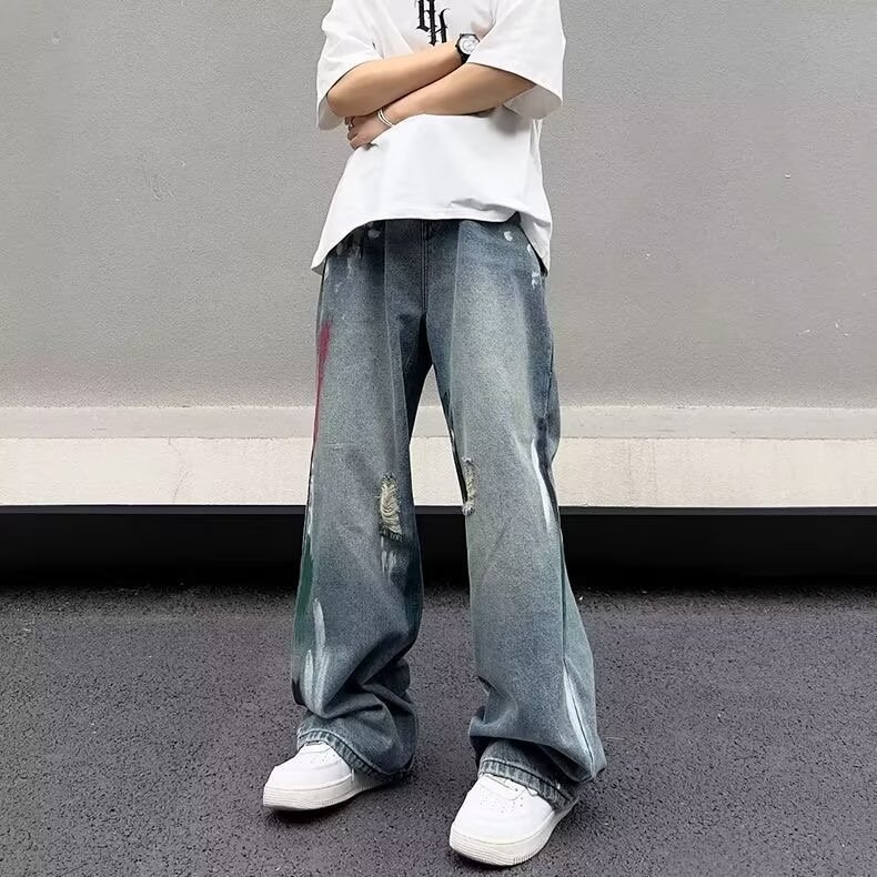 Jeansi bărbați, stil stradal, croială dreaptă, siluetă lejeră, talie medie, fermoar