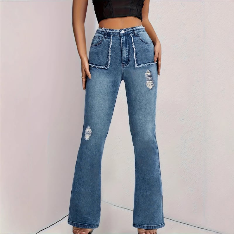 Jeansi cu talie înaltă, croială bootcut, buzunare cu margini nefinisate, denim cu 50–70% bumbac, uzură manuală