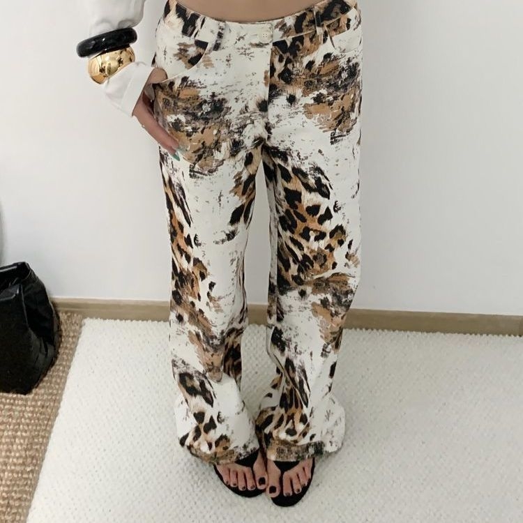 Traperice od denima s leopard printom, visoki struk, široki kroj, dužina do poda