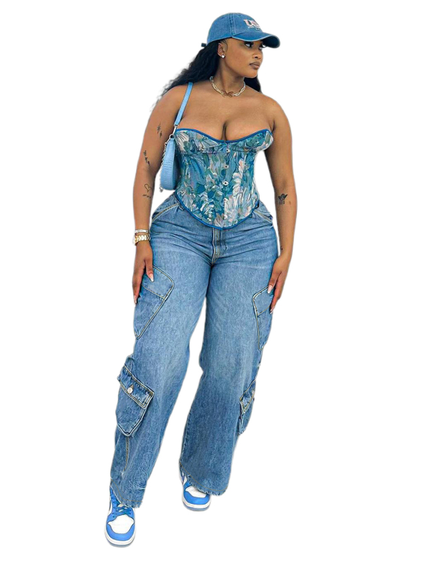 Blugi din denim pentru femei, croială dreaptă, talie înaltă, buzunare multiple, microelastic