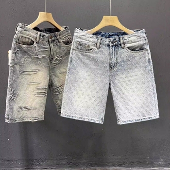 Șorturi denim pentru bărbați, țesătură jacquard, 60% bumbac, micro-elastic, cu fermoar, lungime medie