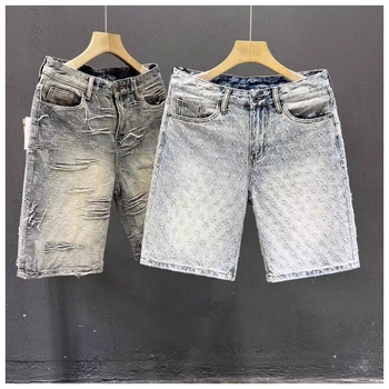 Șorturi denim pentru bărbați, țesătură jacquard, 60% bumbac, micro-elastic, cu fermoar, lungime medie