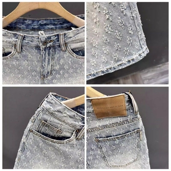 Șorturi denim pentru bărbați, țesătură jacquard, 60% bumbac, micro-elastic, cu fermoar, lungime medie