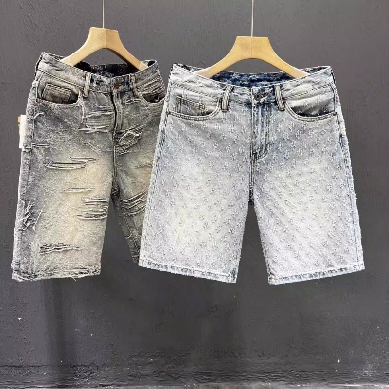 Șorturi denim pentru bărbați, țesătură jacquard, 60% bumbac, micro-elastic, cu fermoar, lungime medie