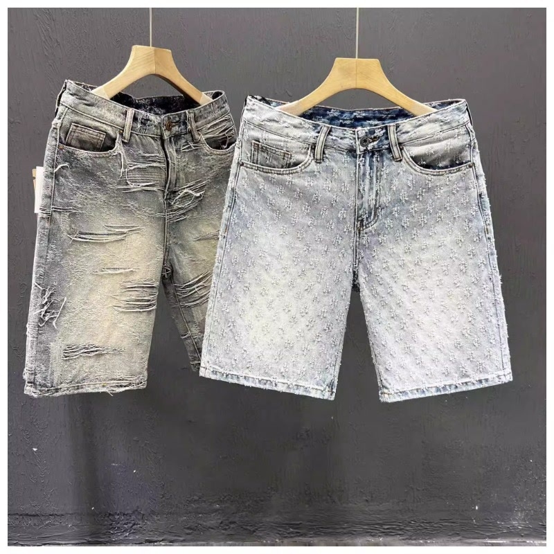 Șorturi denim pentru bărbați, țesătură jacquard, 60% bumbac, micro-elastic, cu fermoar, lungime medie