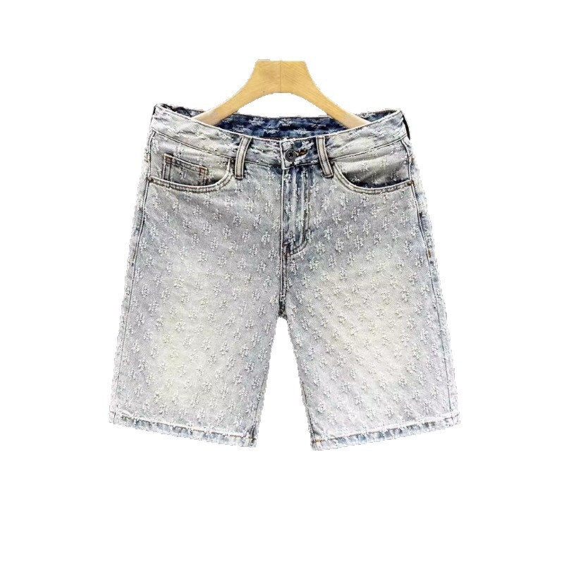 Șorturi denim pentru bărbați, țesătură jacquard, 60% bumbac, micro-elastic, cu fermoar, lungime medie