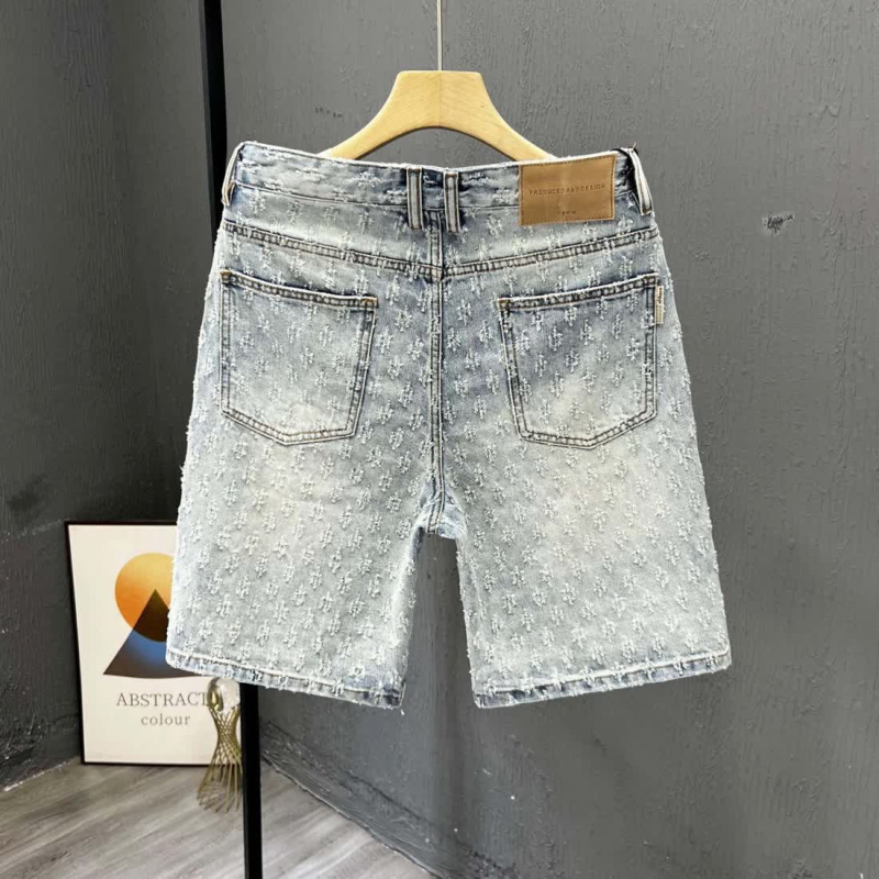 Șorturi denim pentru bărbați, țesătură jacquard, 60% bumbac, micro-elastic, cu fermoar, lungime medie