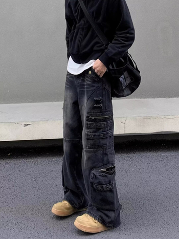 Muške traperice ravnog kroja s niskim strukom, zip zatvarač, poliester denim, blaga elastičnost