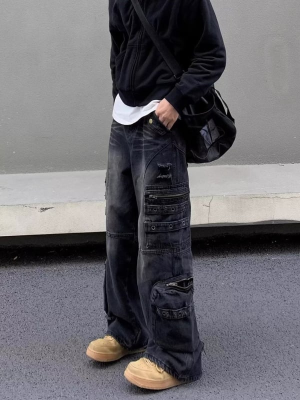 Muške traperice ravnog kroja s niskim strukom, zip zatvarač, poliester denim, blaga elastičnost