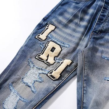 Blugi – stil retro, croi drept, spălare uzată, 80% bumbac, fermoar