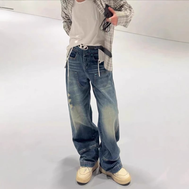 Blugi lejii cu croială liberă, talie medie, fermoar, țesătură principală poliester